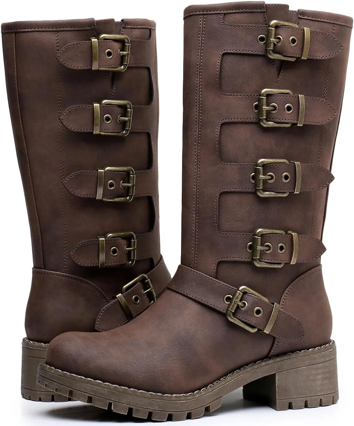 GLOBALWIN Chunky Mid Calf Fashion Dressy Motocycle Biker Military Style Combat Boots for Women Low Heel