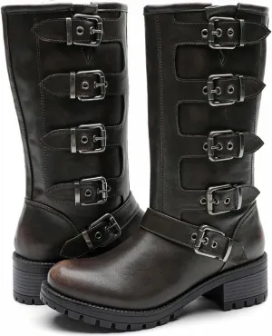 GLOBALWIN Chunky Mid Calf Fashion Dressy Motocycle Biker Military Style Combat Boots for Women Low Heel