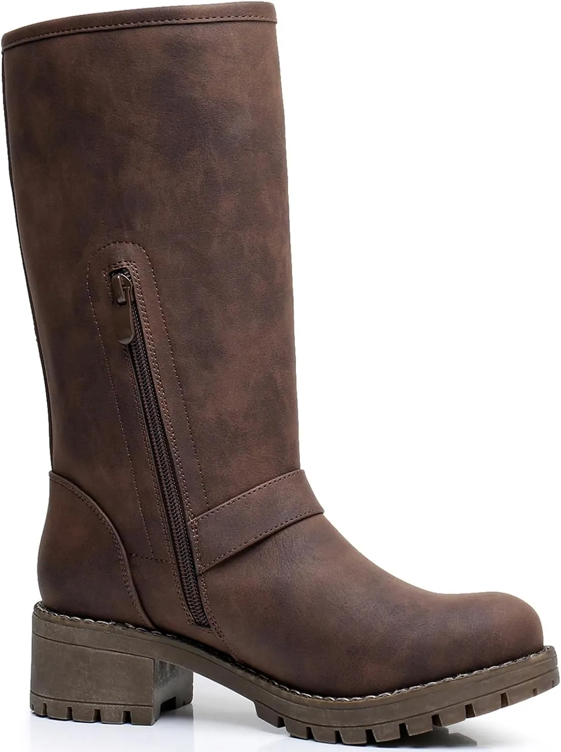 GLOBALWIN Chunky Mid Calf Fashion Dressy Motocycle Biker Military Style Combat Boots for Women Low Heel