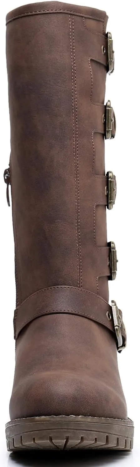 GLOBALWIN Chunky Mid Calf Fashion Dressy Motocycle Biker Military Style Combat Boots for Women Low Heel