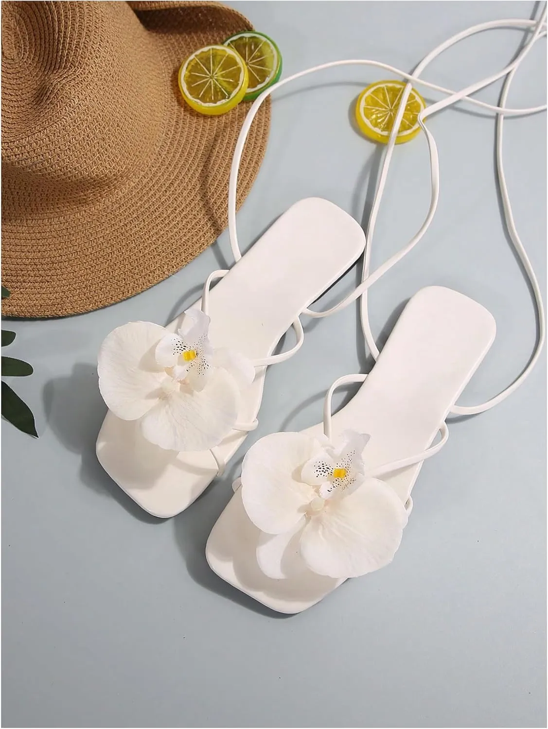 GORGLITTER Women's 3D Flower Sandals Dressy Criss Cross Floral Flat Sandals Square Open Toe Summer Beach Sandals
