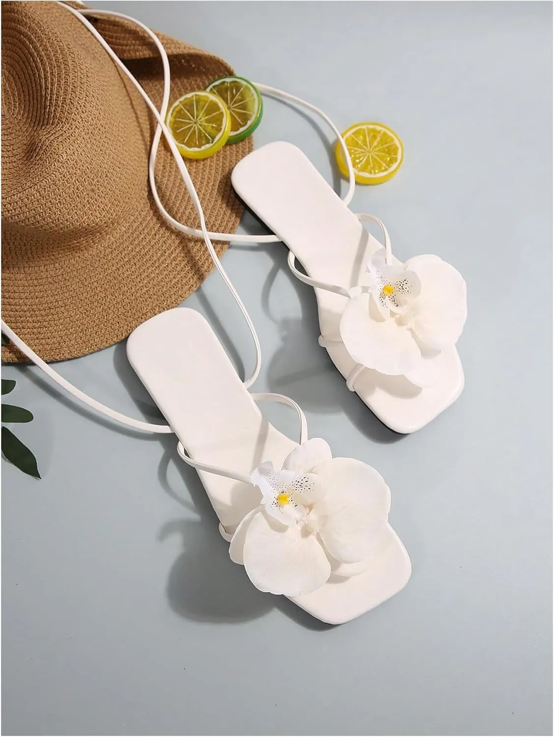 GORGLITTER Women's 3D Flower Sandals Dressy Criss Cross Floral Flat Sandals Square Open Toe Summer Beach Sandals