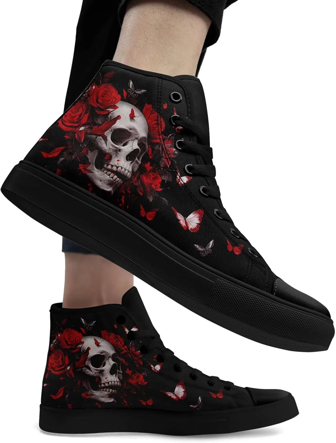Gothic Skull High Top Canvas Sneakers for Men Women Butterflies Flames Flower Vivid Lace up Flat Casual Walking Shoes