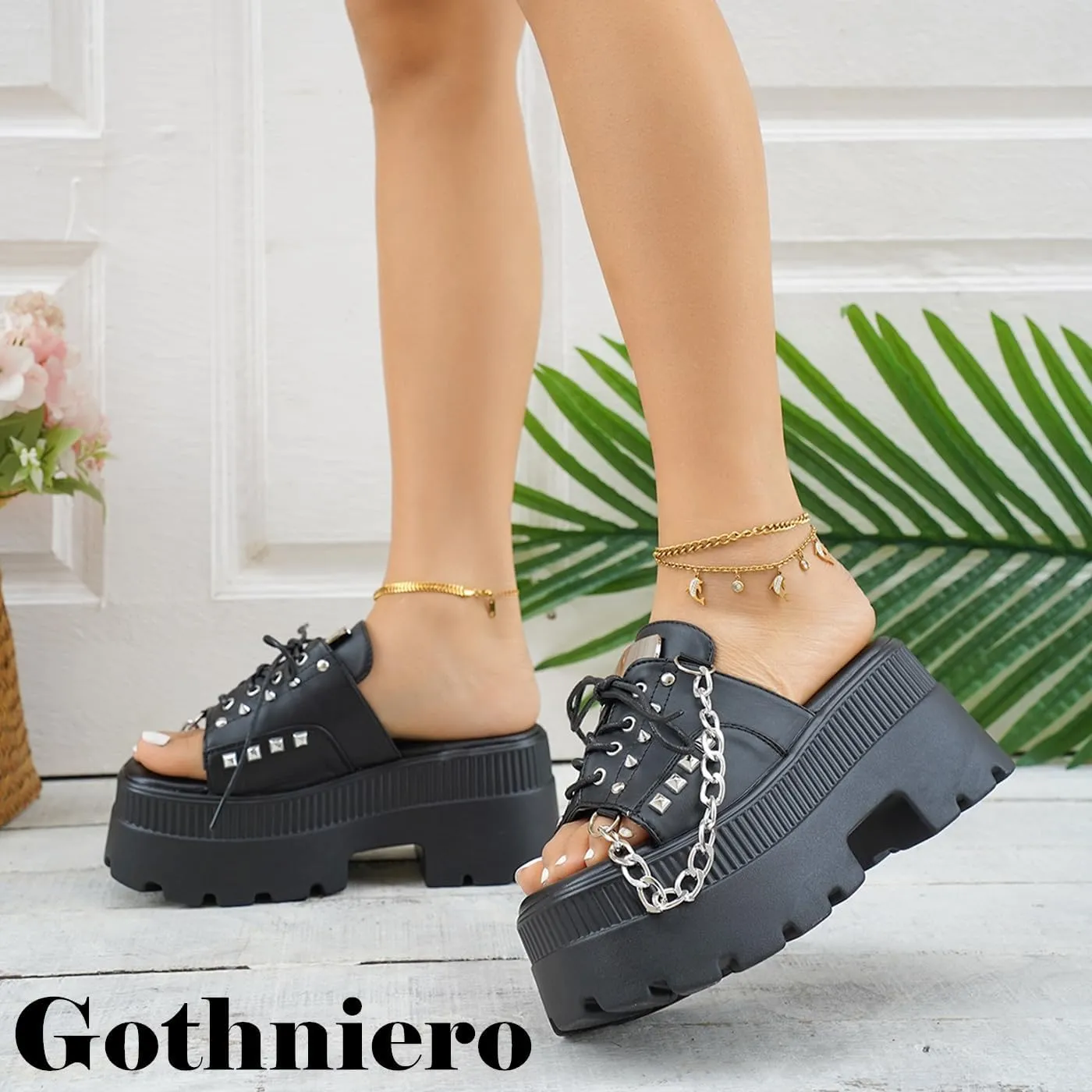 Gothniero women black platform sandals goth chunky wedge heel summer sandals girls gothic punk platform sandals for women metallic spider buckles slides size 5.5-11