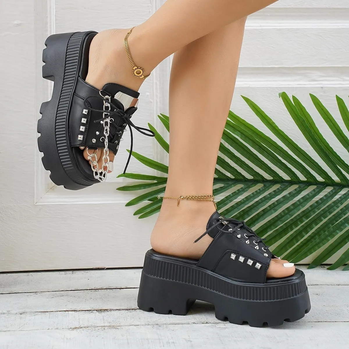 Gothniero women black platform sandals goth chunky wedge heel summer sandals girls gothic punk platform sandals for women metallic spider buckles slides size 5.5-11