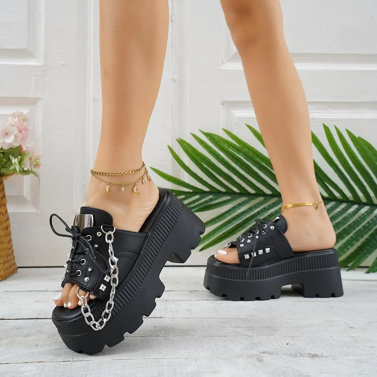 Gothniero women black platform sandals goth chunky wedge heel summer sandals girls gothic punk platform sandals for women metallic spider buckles slides size 5.5-11