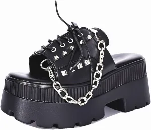 Gothniero women black platform sandals goth chunky wedge heel summer sandals girls gothic punk platform sandals for women metallic spider buckles slides size 5.5-11