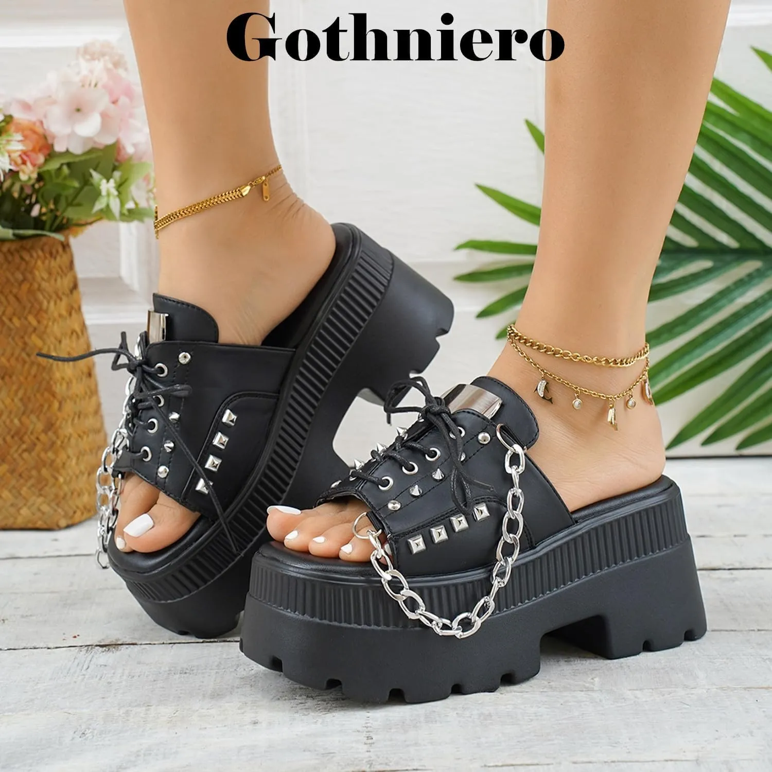 Gothniero women black platform sandals goth chunky wedge heel summer sandals girls gothic punk platform sandals for women metallic spider buckles slides size 5.5-11