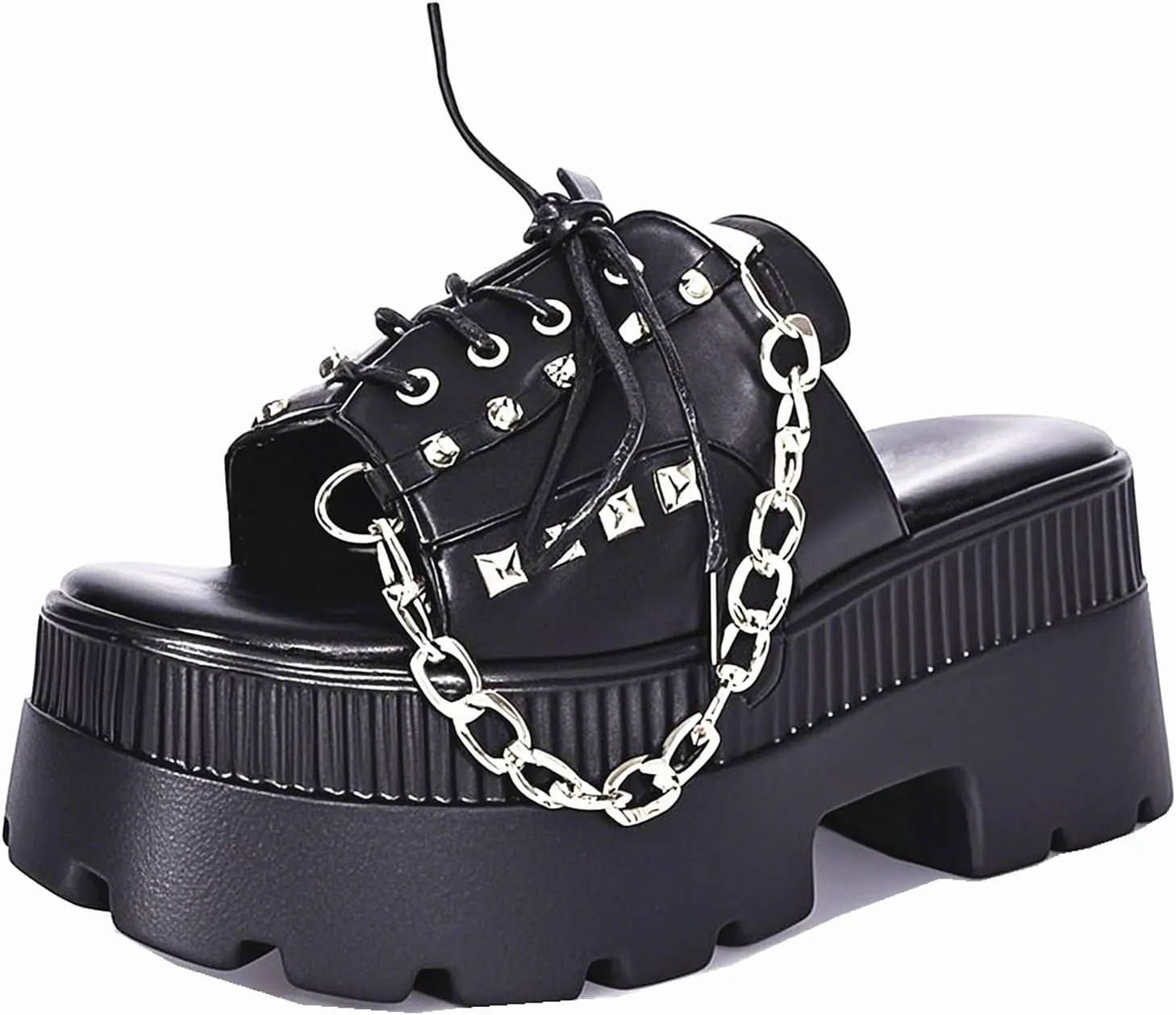 Gothniero women black platform sandals goth chunky wedge heel summer sandals girls gothic punk platform sandals for women metallic spider buckles slides size 5.5-11