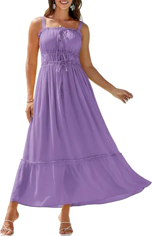 GRACE KARIN 2025 Womens Summer Flowy A-line Boho Dresses Spaghetti Strap Long Beach Sundress Smocked Maxi Dress with Pockets