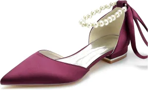 Hanfike Girls Womens Elegant Wedding Flats Ankle Chains Pointed Toe Formal Evening Shoes with Ribbon JY286
