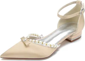 Hanfike Wedding Dress Flats for Women Ankle Strap Pointed Toe Evening Pumps with Beads JY199