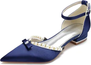 Hanfike Wedding Dress Flats for Women Ankle Strap Pointed Toe Evening Pumps with Beads JY199