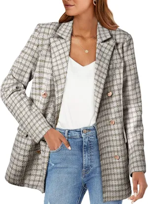 Happy Sailed Womens Plaid Tweed Blazers Dressy Casual Long Sleeve Double Breasted Open Front Blazer Jackets Work Suits