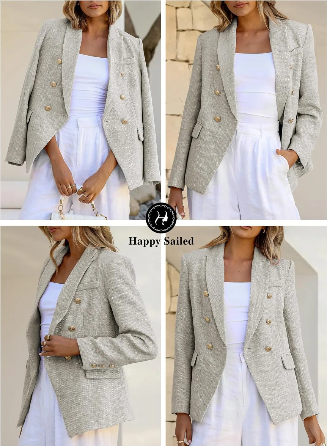 Happy Sailed Womens Tweed Blazers Casual Long Sleeve Double Breasted Open Front Blazer Jackets Work Suits