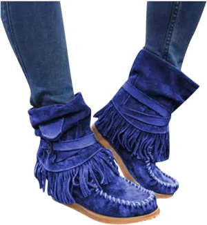 Hbeylia Cowboy Boots For Women Vintage Boho Fringe Tassel Platform Chunky Heel Western Cowgirl Boots Retro Ethnic Wedge Wide Mid Calf Booties Winter Warm Riding Short Ankle Boots For Girls