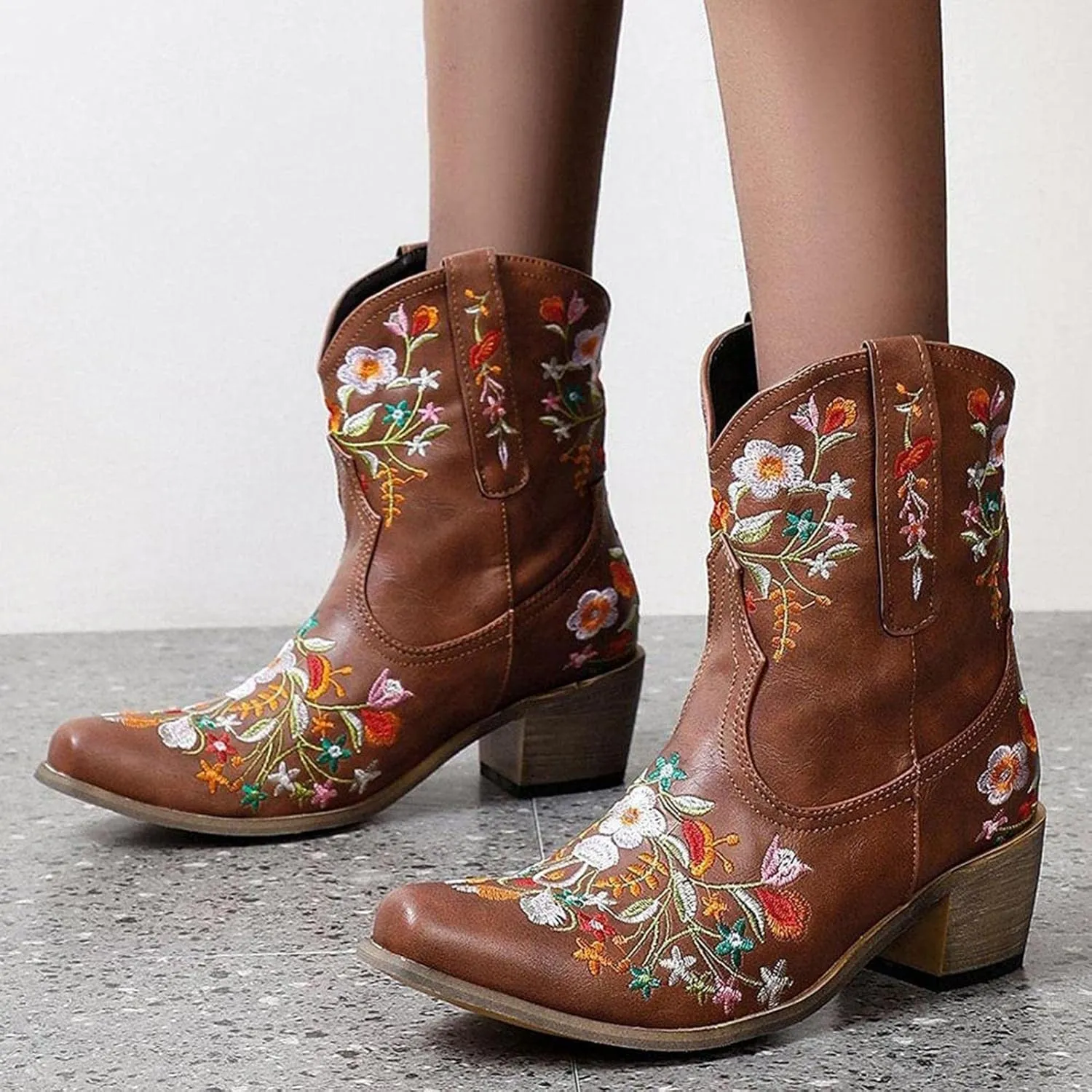 Hbeylia Cowboy Boots For Women Vintage Embroidery Pointed Toe Chunky Mid-Heels Western Cowgirls Boots Retro Slip On Wide Mid Calf Boots Riding Knight Ankle Booties