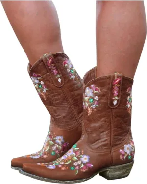 Hbeylia Cowboy Boots For Women Vintage Embroidery Pointed Toe Chunky Mid-Heels Western Cowgirls Boots Retro Slip On Wide Mid Calf Boots Riding Knight Ankle Booties