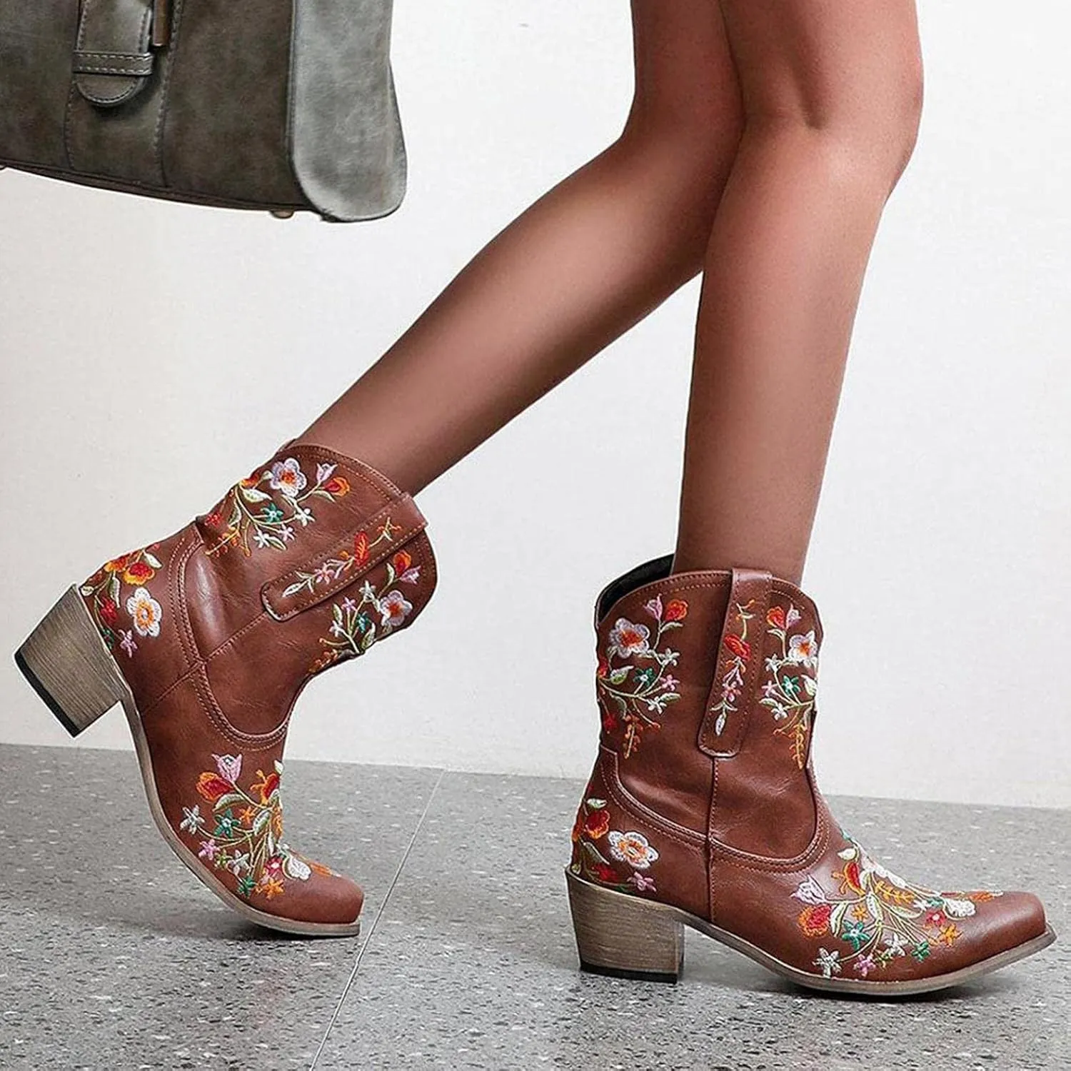 Hbeylia Cowboy Boots For Women Vintage Embroidery Pointed Toe Chunky Mid-Heels Western Cowgirls Boots Retro Slip On Wide Mid Calf Boots Riding Knight Ankle Booties