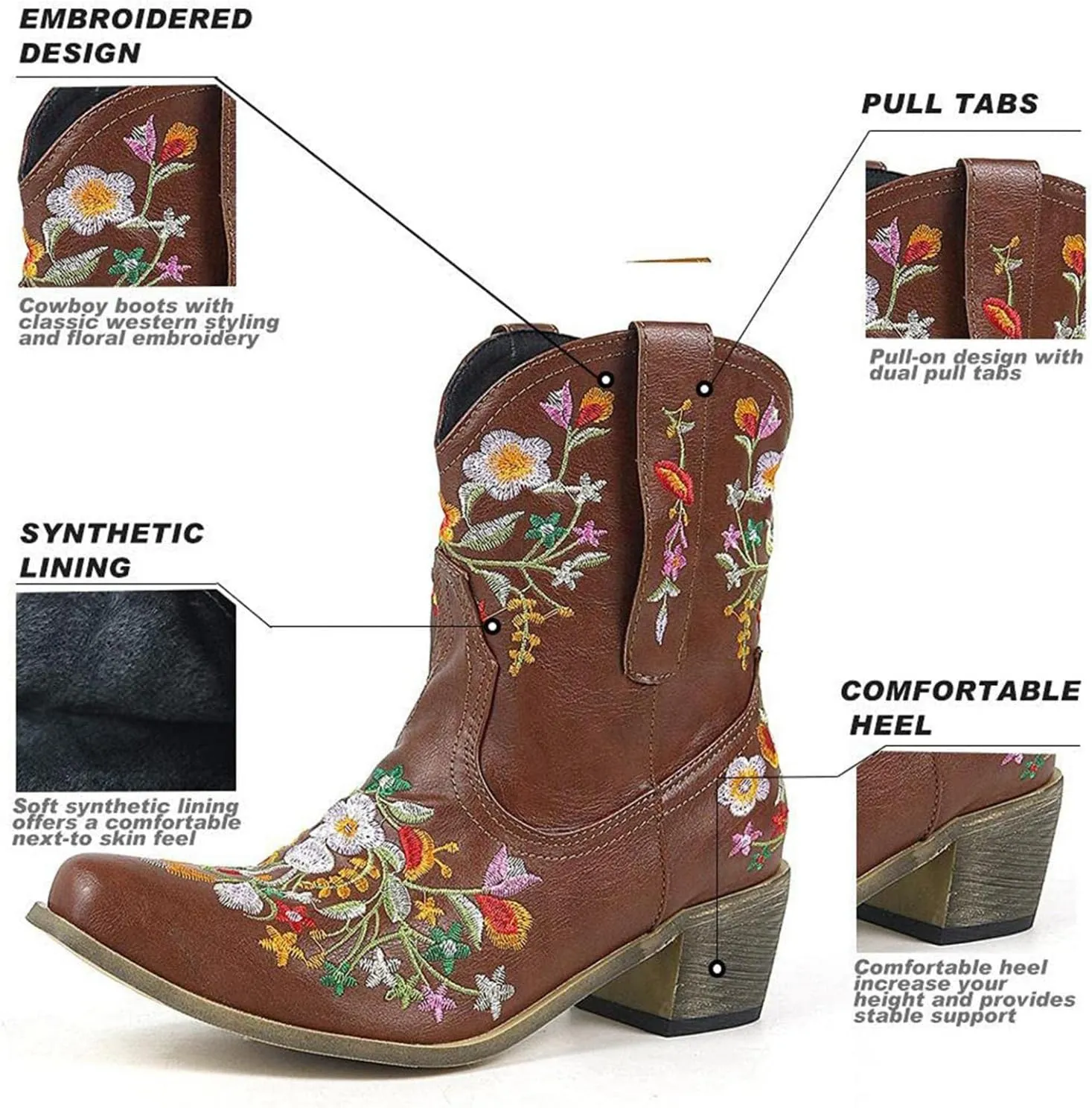 Hbeylia Cowboy Boots For Women Vintage Embroidery Pointed Toe Chunky Mid-Heels Western Cowgirls Boots Retro Slip On Wide Mid Calf Boots Riding Knight Ankle Booties