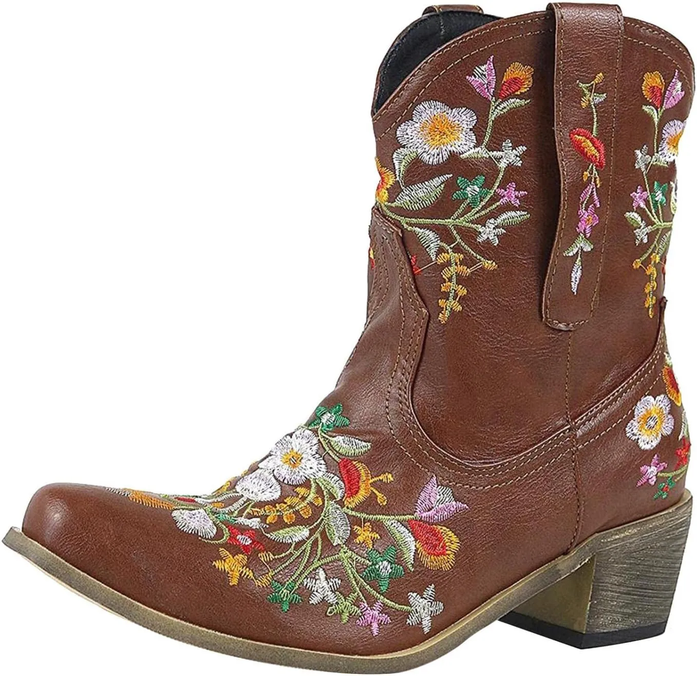Hbeylia Cowboy Boots For Women Vintage Embroidery Pointed Toe Chunky Mid-Heels Western Cowgirls Boots Retro Slip On Wide Mid Calf Boots Riding Knight Ankle Booties