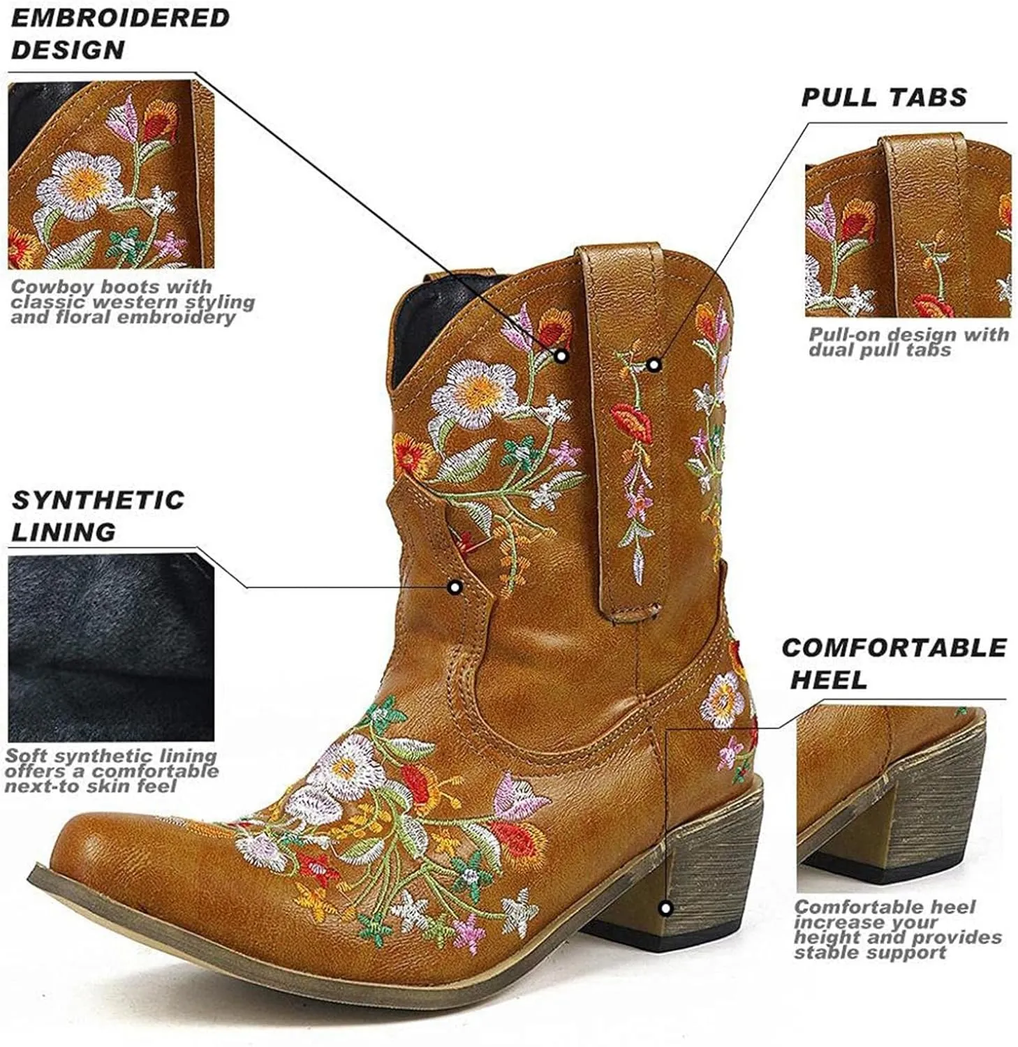 Hbeylia Cowboy Boots For Women Vintage Embroidery Pointed Toe Chunky Mid-Heels Western Cowgirls Boots Retro Slip On Wide Mid Calf Boots Riding Knight Ankle Booties