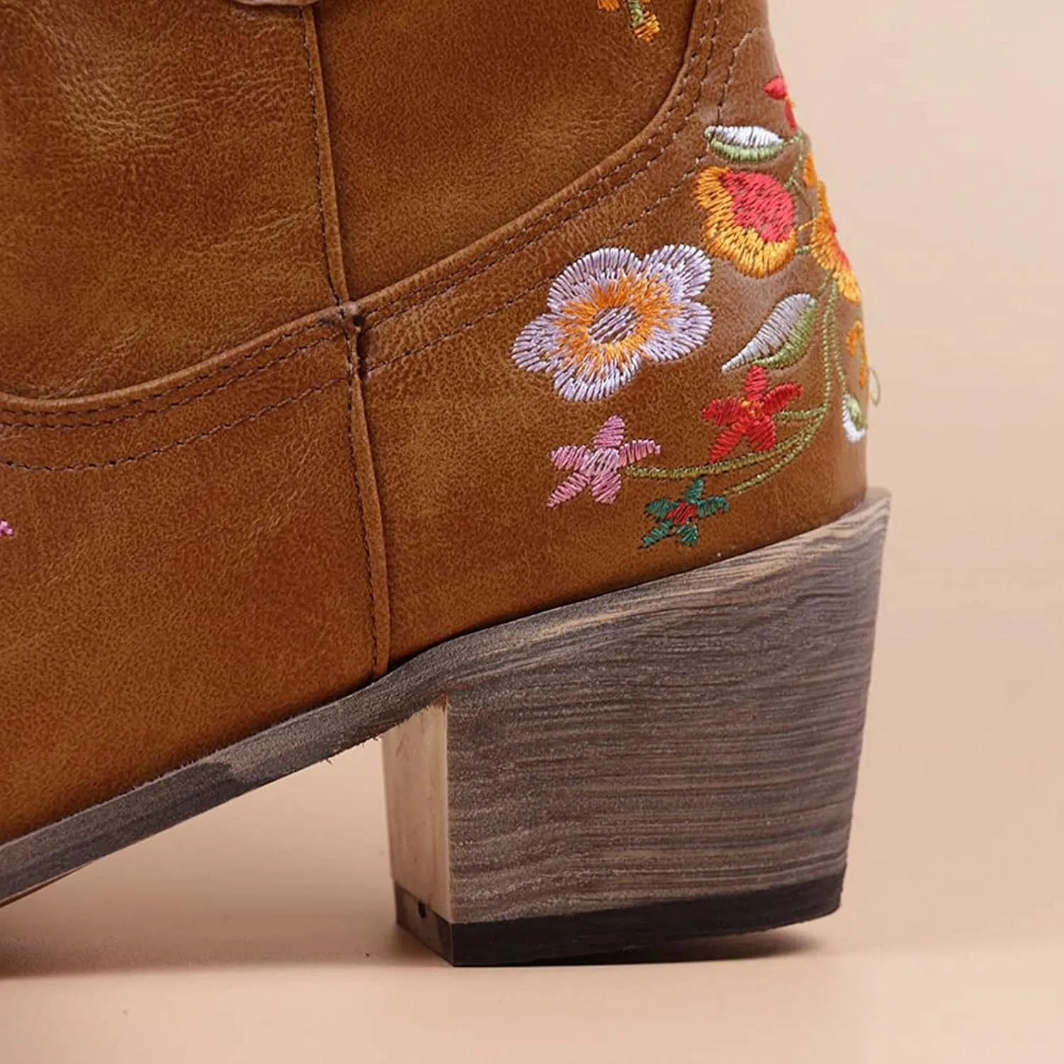 Hbeylia Cowboy Boots For Women Vintage Embroidery Pointed Toe Chunky Mid-Heels Western Cowgirls Boots Retro Slip On Wide Mid Calf Boots Riding Knight Ankle Booties