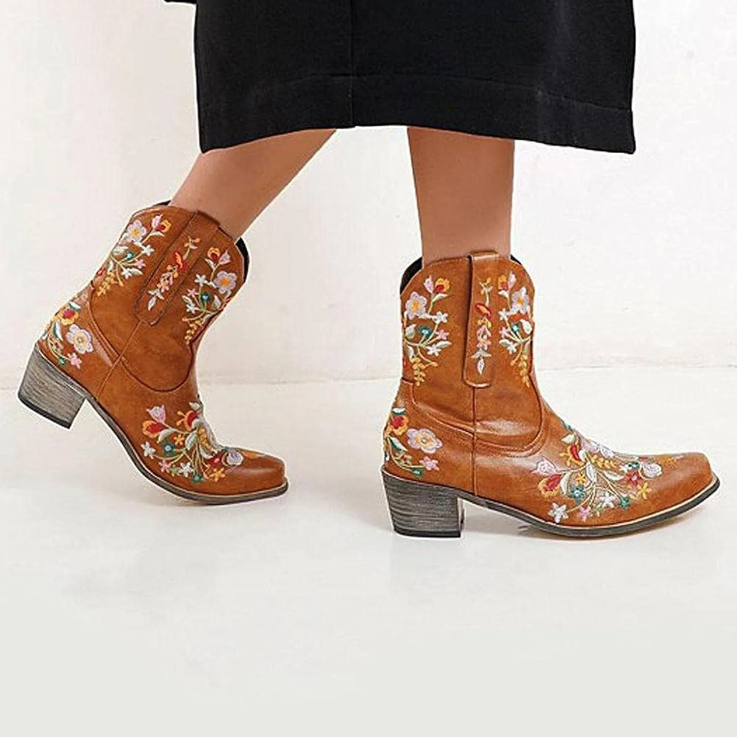 Hbeylia Cowboy Boots For Women Vintage Embroidery Pointed Toe Chunky Mid-Heels Western Cowgirls Boots Retro Slip On Wide Mid Calf Boots Riding Knight Ankle Booties
