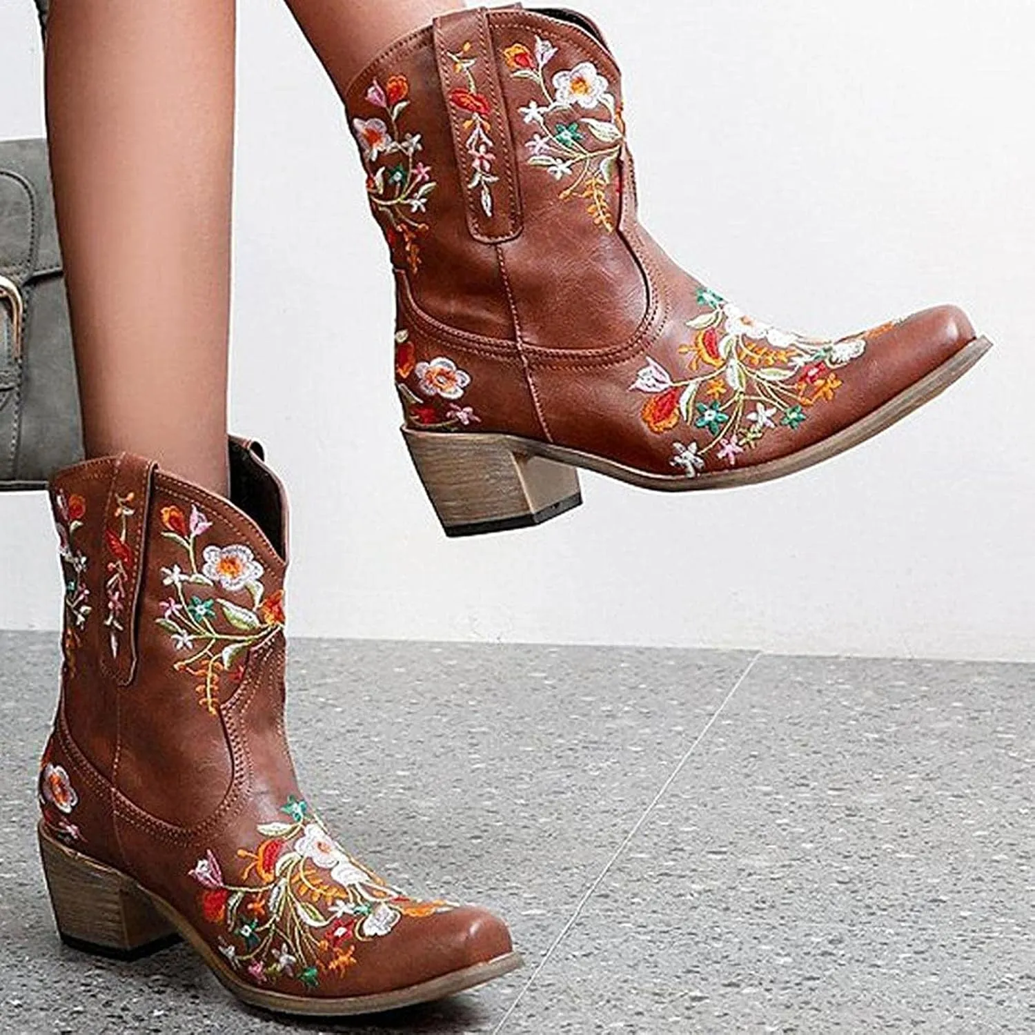 Hbeylia Cowboy Boots For Women Vintage Embroidery Pointed Toe Chunky Mid-Heels Western Cowgirls Boots Retro Slip On Wide Mid Calf Boots Riding Knight Ankle Booties