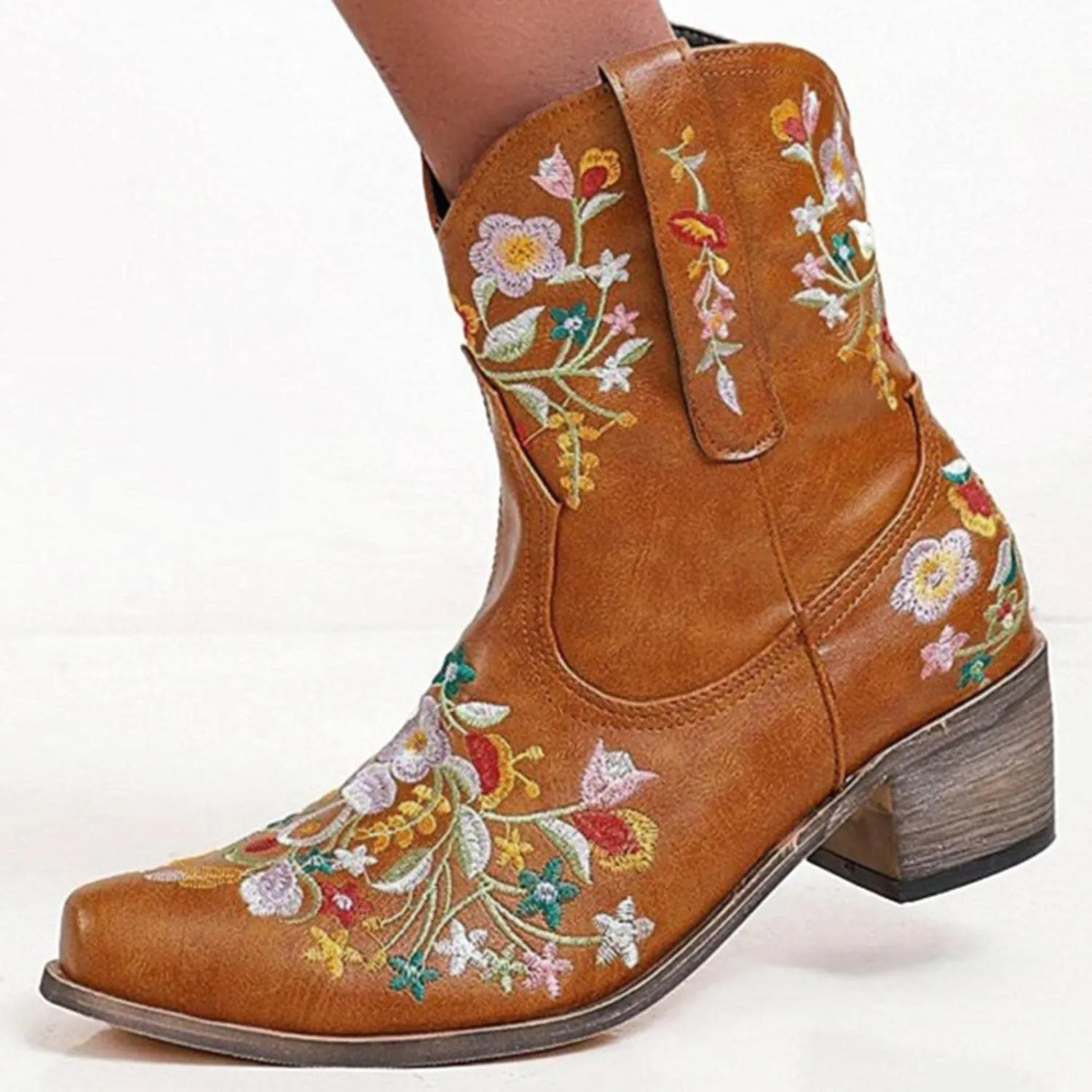 Hbeylia Cowboy Boots For Women Vintage Embroidery Pointed Toe Chunky Mid-Heels Western Cowgirls Boots Retro Slip On Wide Mid Calf Boots Riding Knight Ankle Booties