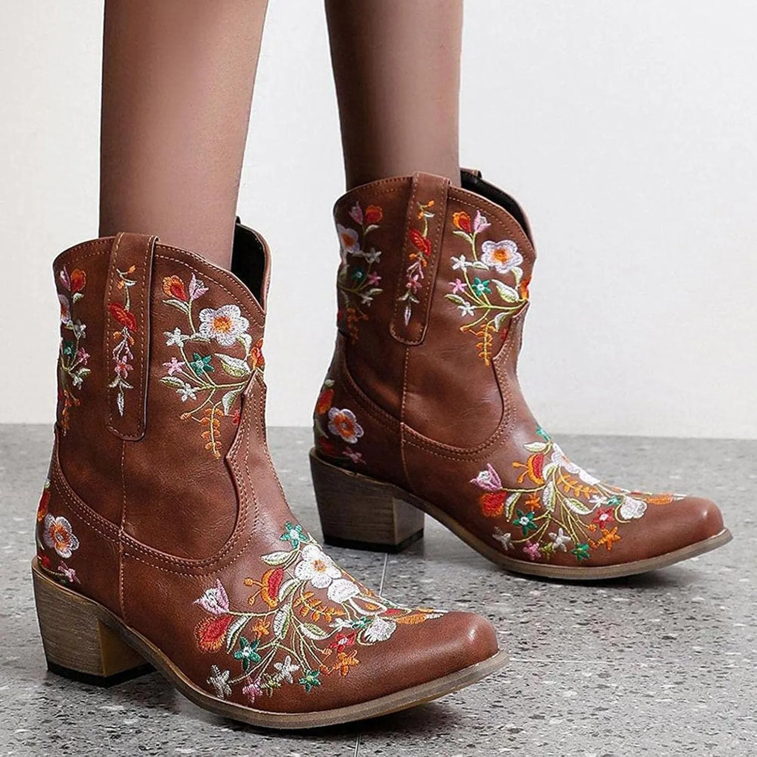 Hbeylia Cowboy Boots For Women Vintage Embroidery Pointed Toe Chunky Mid-Heels Western Cowgirls Boots Retro Slip On Wide Mid Calf Boots Riding Knight Ankle Booties