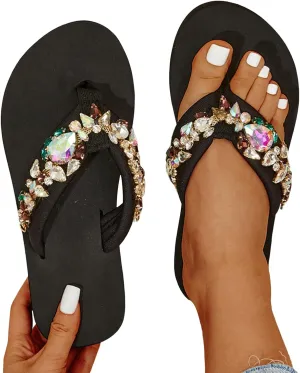 Hbeylia Flower Rhinestone Wedge Flipflops For Womens Trendy Summer Boho High Heel Platform Nonslip Beach Thong Sandals Crystal Jeweled Sandal Shoes for Summer Beach Oceanside Holiday Outdoor