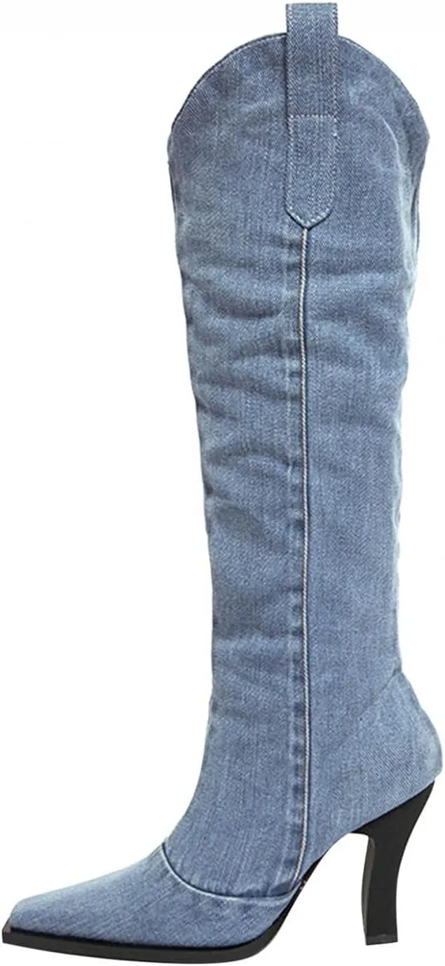 Hbeylia Knee High Dress Pump Boots For Women Ladies Fashion Casual Denim Pointed Toe Chunky High Heels Knee Length Dressy Boots Breathable Slip On High Top Tall Boots Spring Autumn Winter Shoes