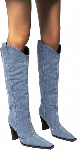 Hbeylia Knee High Dress Pump Boots For Women Ladies Fashion Casual Denim Pointed Toe Chunky High Heels Knee Length Dressy Boots Breathable Slip On High Top Tall Boots Spring Autumn Winter Shoes