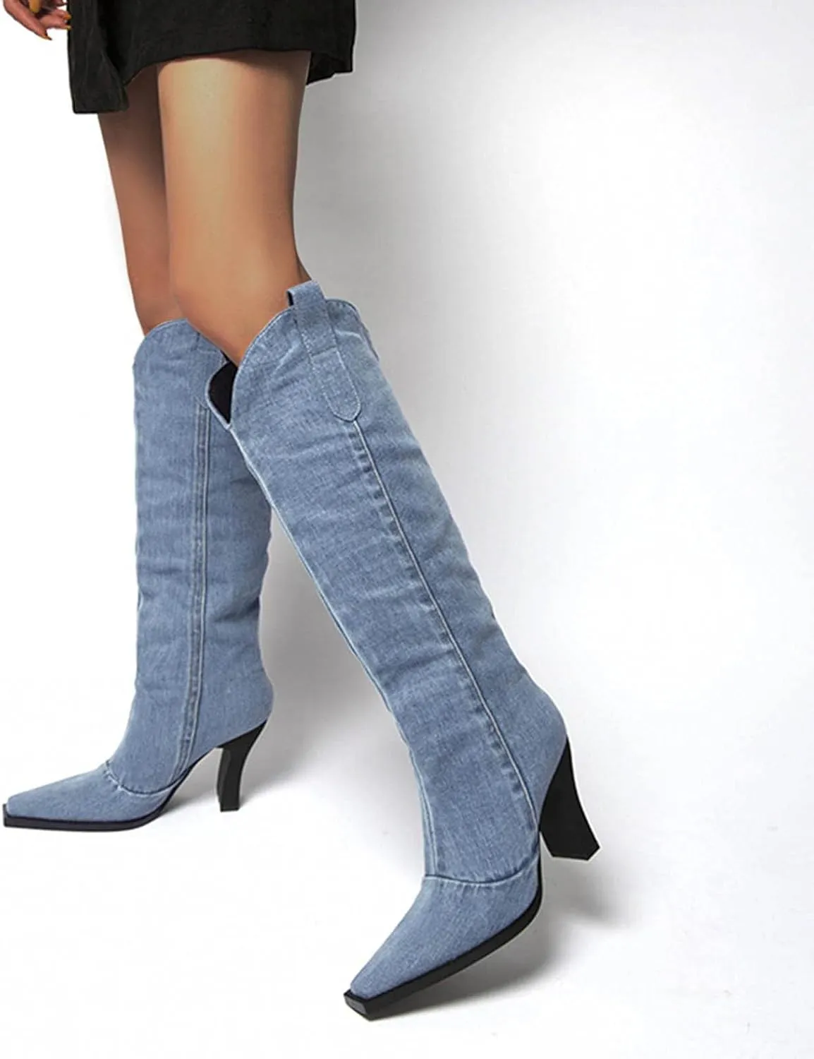 Hbeylia Knee High Dress Pump Boots For Women Ladies Fashion Casual Denim Pointed Toe Chunky High Heels Knee Length Dressy Boots Breathable Slip On High Top Tall Boots Spring Autumn Winter Shoes