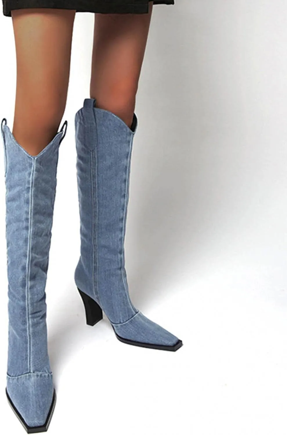 Hbeylia Knee High Dress Pump Boots For Women Ladies Fashion Casual Denim Pointed Toe Chunky High Heels Knee Length Dressy Boots Breathable Slip On High Top Tall Boots Spring Autumn Winter Shoes
