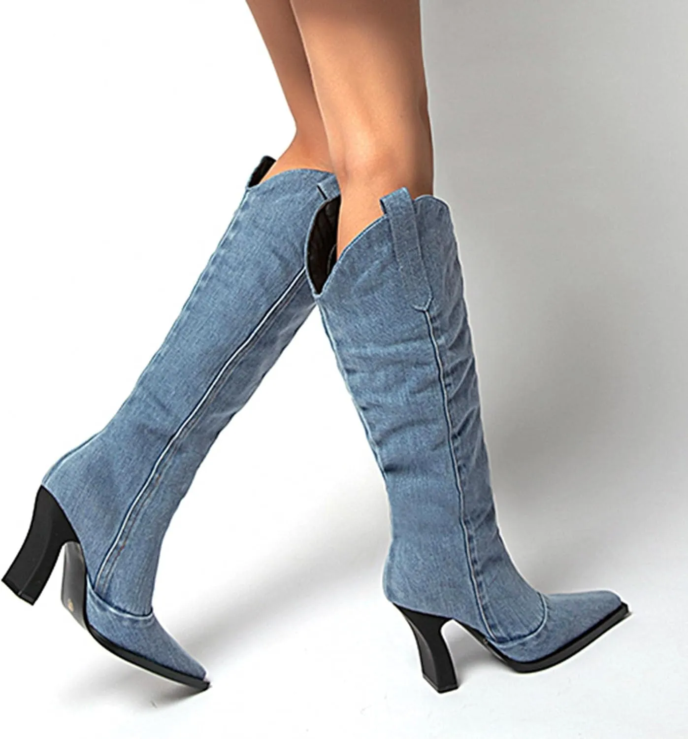 Hbeylia Knee High Dress Pump Boots For Women Ladies Fashion Casual Denim Pointed Toe Chunky High Heels Knee Length Dressy Boots Breathable Slip On High Top Tall Boots Spring Autumn Winter Shoes