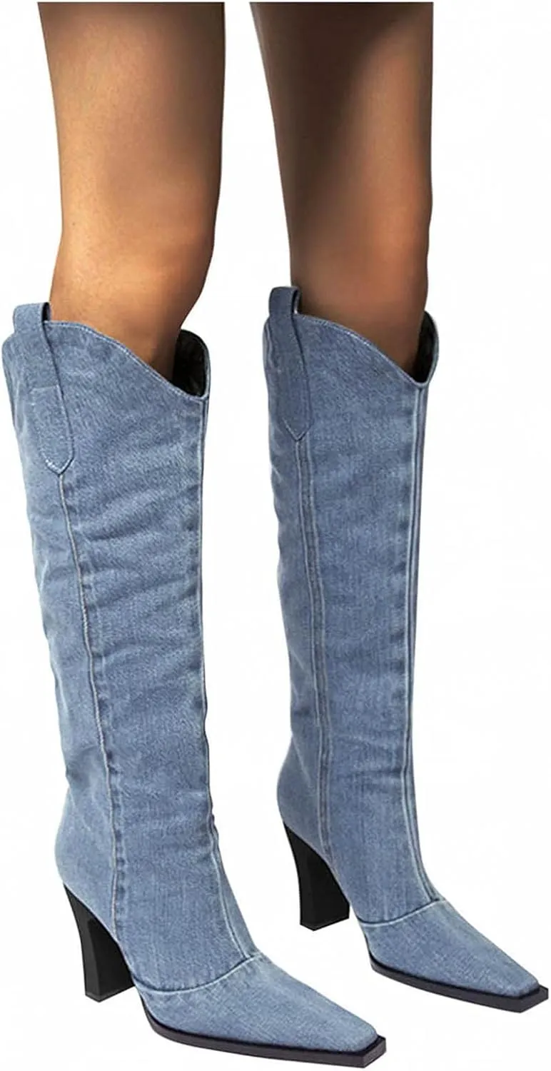 Hbeylia Knee High Dress Pump Boots For Women Ladies Fashion Casual Denim Pointed Toe Chunky High Heels Knee Length Dressy Boots Breathable Slip On High Top Tall Boots Spring Autumn Winter Shoes