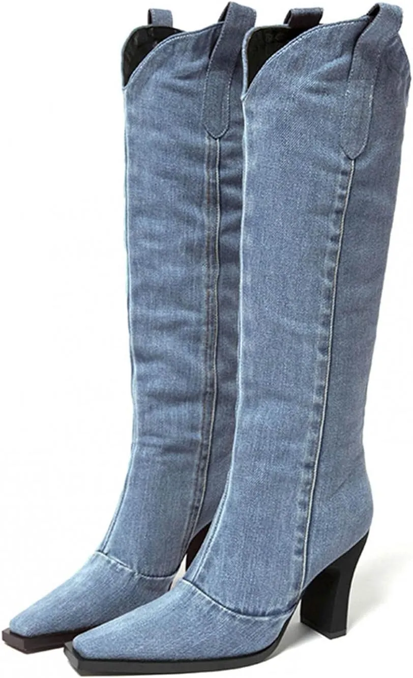 Hbeylia Knee High Dress Pump Boots For Women Ladies Fashion Casual Denim Pointed Toe Chunky High Heels Knee Length Dressy Boots Breathable Slip On High Top Tall Boots Spring Autumn Winter Shoes