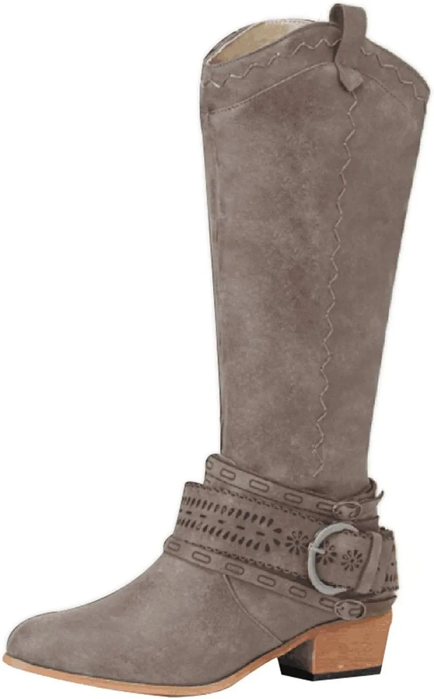 Hbeylia Knee High Western Cowboy Cowgirls Boots For Women Vintage Boho Lace Leather Pointed Toe Chunky Block Mid Heels Knee Length Long Boots With Side Zip Fashion Winter Fall Dress Tall Boots