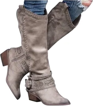 Hbeylia Knee High Western Cowboy Cowgirls Boots For Women Vintage Boho Lace Leather Pointed Toe Chunky Block Mid Heels Knee Length Long Boots With Side Zip Fashion Winter Fall Dress Tall Boots