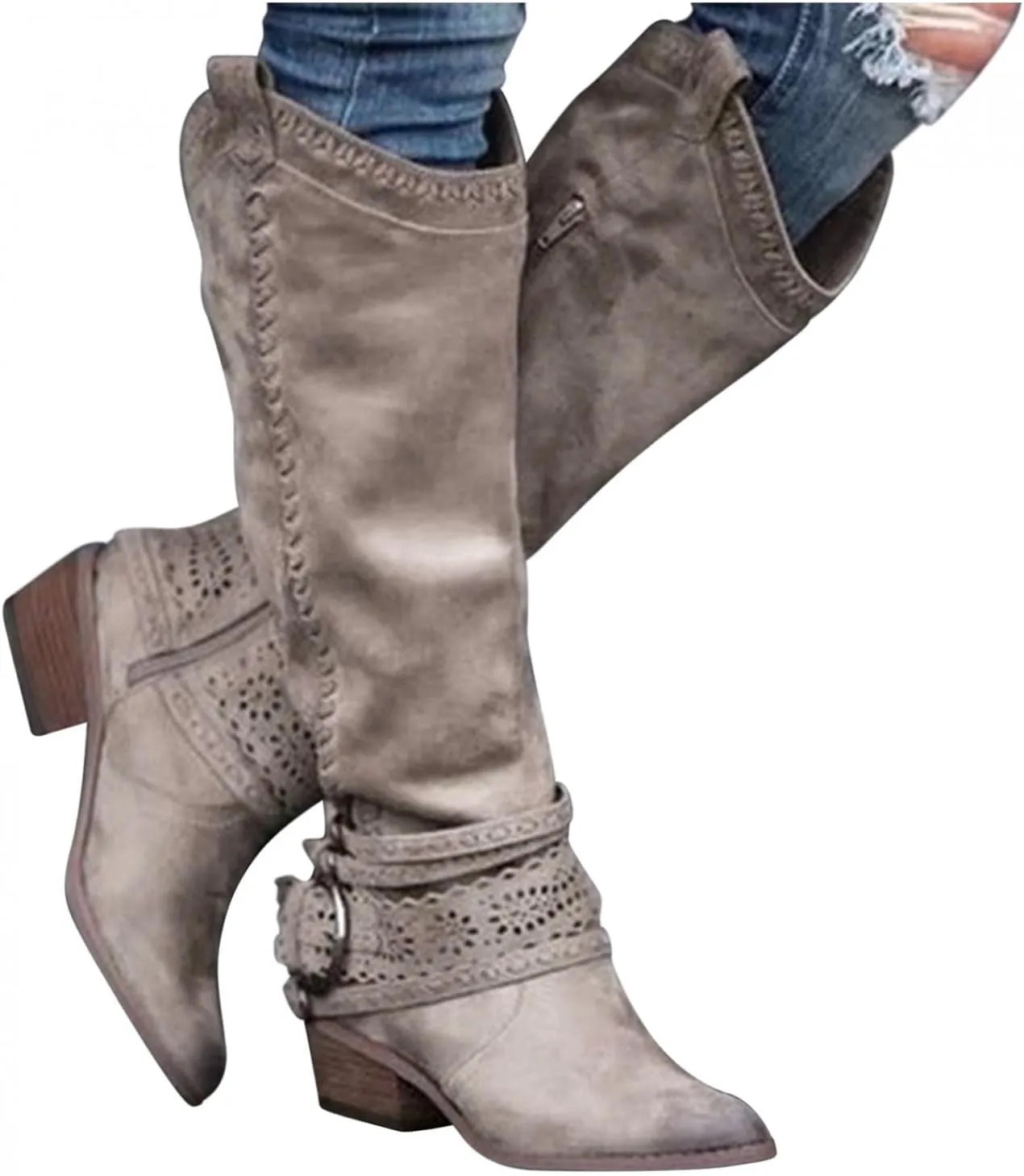 Hbeylia Knee High Western Cowboy Cowgirls Boots For Women Vintage Boho Lace Leather Pointed Toe Chunky Block Mid Heels Knee Length Long Boots With Side Zip Fashion Winter Fall Dress Tall Boots