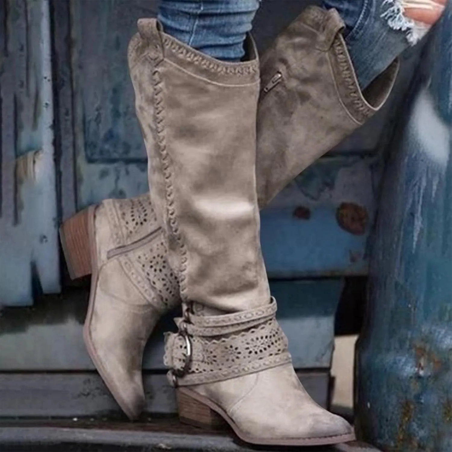 Hbeylia Knee High Western Cowboy Cowgirls Boots For Women Vintage Boho Lace Leather Pointed Toe Chunky Block Mid Heels Knee Length Long Boots With Side Zip Fashion Winter Fall Dress Tall Boots