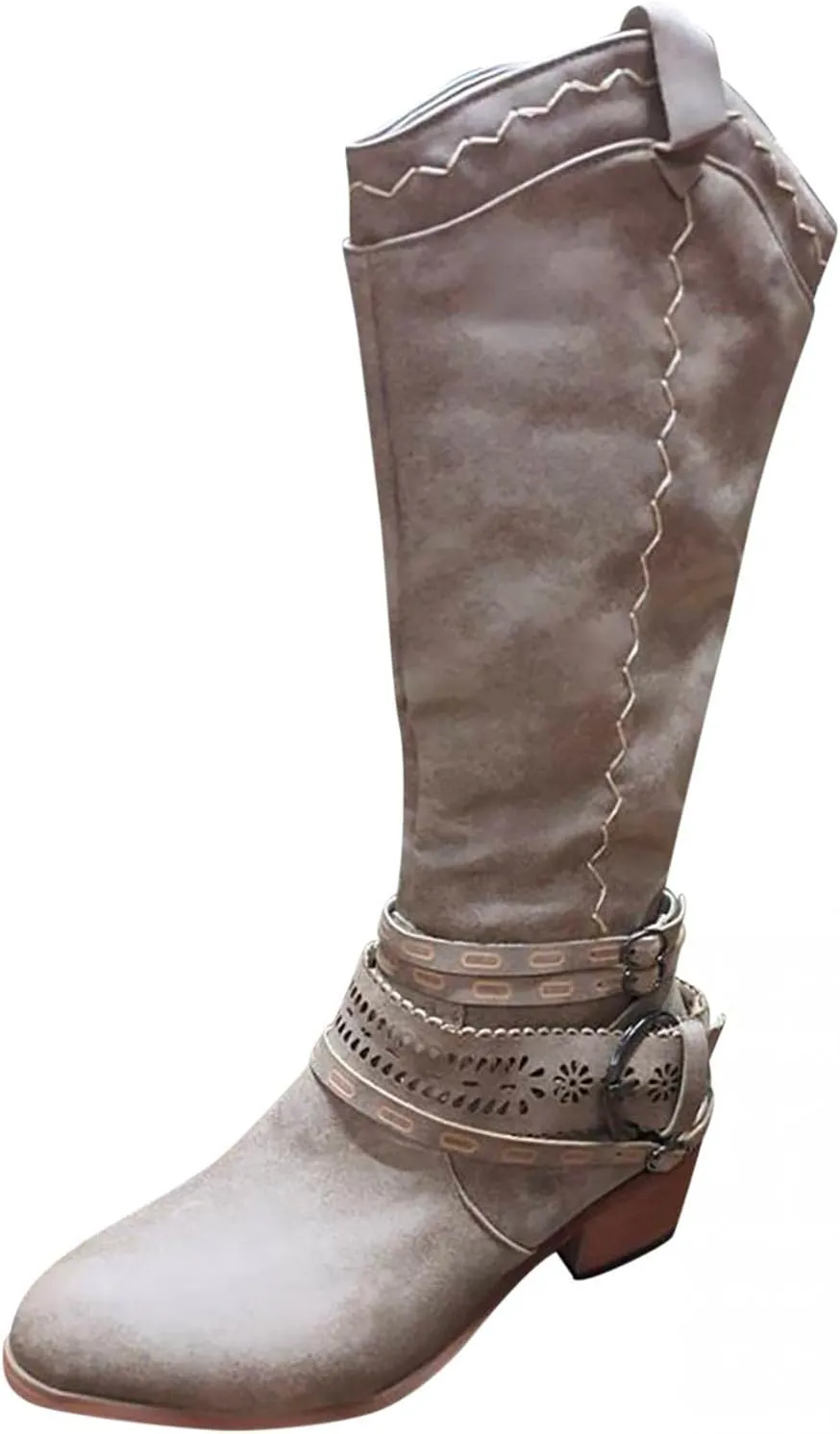 Hbeylia Knee High Western Cowboy Cowgirls Boots For Women Vintage Boho Lace Leather Pointed Toe Chunky Block Mid Heels Knee Length Long Boots With Side Zip Fashion Winter Fall Dress Tall Boots