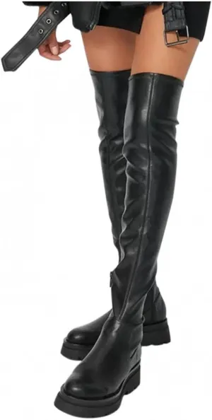 Hbeylia Platform Thigh High Boots For Women Fashion Casual Punk Goth Leather Round Toe Chunky Bottom Mid Heels Slip On Over The Knee Length Long Boots Thick Sole Non Skid Winter Fall Dress Tall Boots