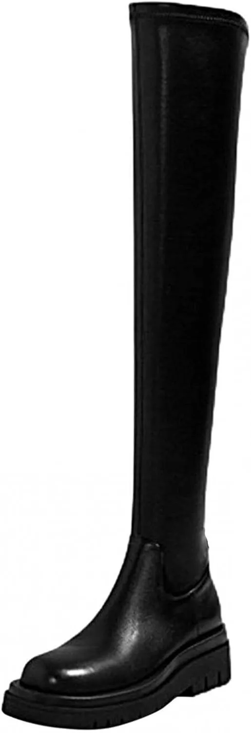 Hbeylia Platform Thigh High Boots For Women Fashion Casual Punk Goth Leather Round Toe Chunky Bottom Mid Heels Slip On Over The Knee Length Long Boots Thick Sole Non Skid Winter Fall Dress Tall Boots