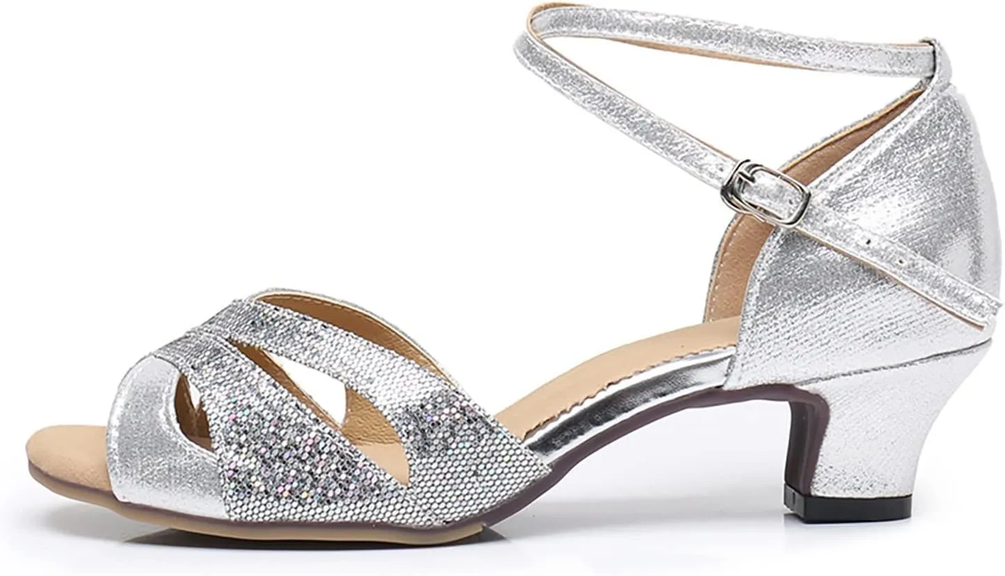 Hbeylia Rhinestones Dress Dance Shoes For Women Ladies Glittering Leather Peep Toe Kitten Low Block Ankle Strap Dressy Pump Ballet Flats Ballroom Latin Salsa Performance Dance Shoes