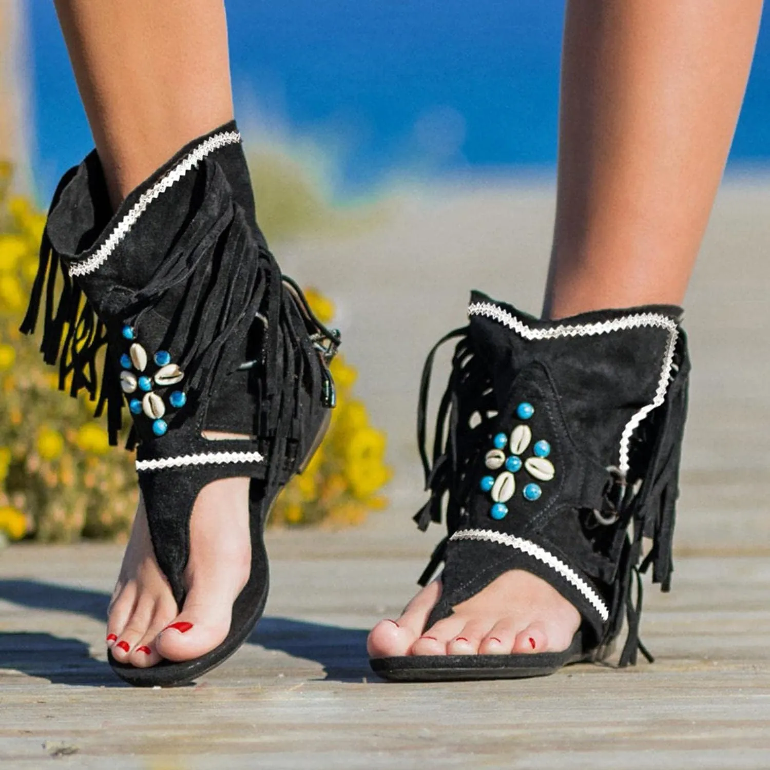 Hbeylia Sandals for Women Roman Retro Bohemian Bead Gladiator Fringe Tassel Casual Sandals Flat Clip Toe Ankle Boots T-Strap Summer Suede Tassel Flip Flop Flat Slippers