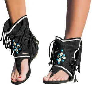 Hbeylia Sandals for Women Roman Retro Bohemian Bead Gladiator Fringe Tassel Casual Sandals Flat Clip Toe Ankle Boots T-Strap Summer Suede Tassel Flip Flop Flat Slippers