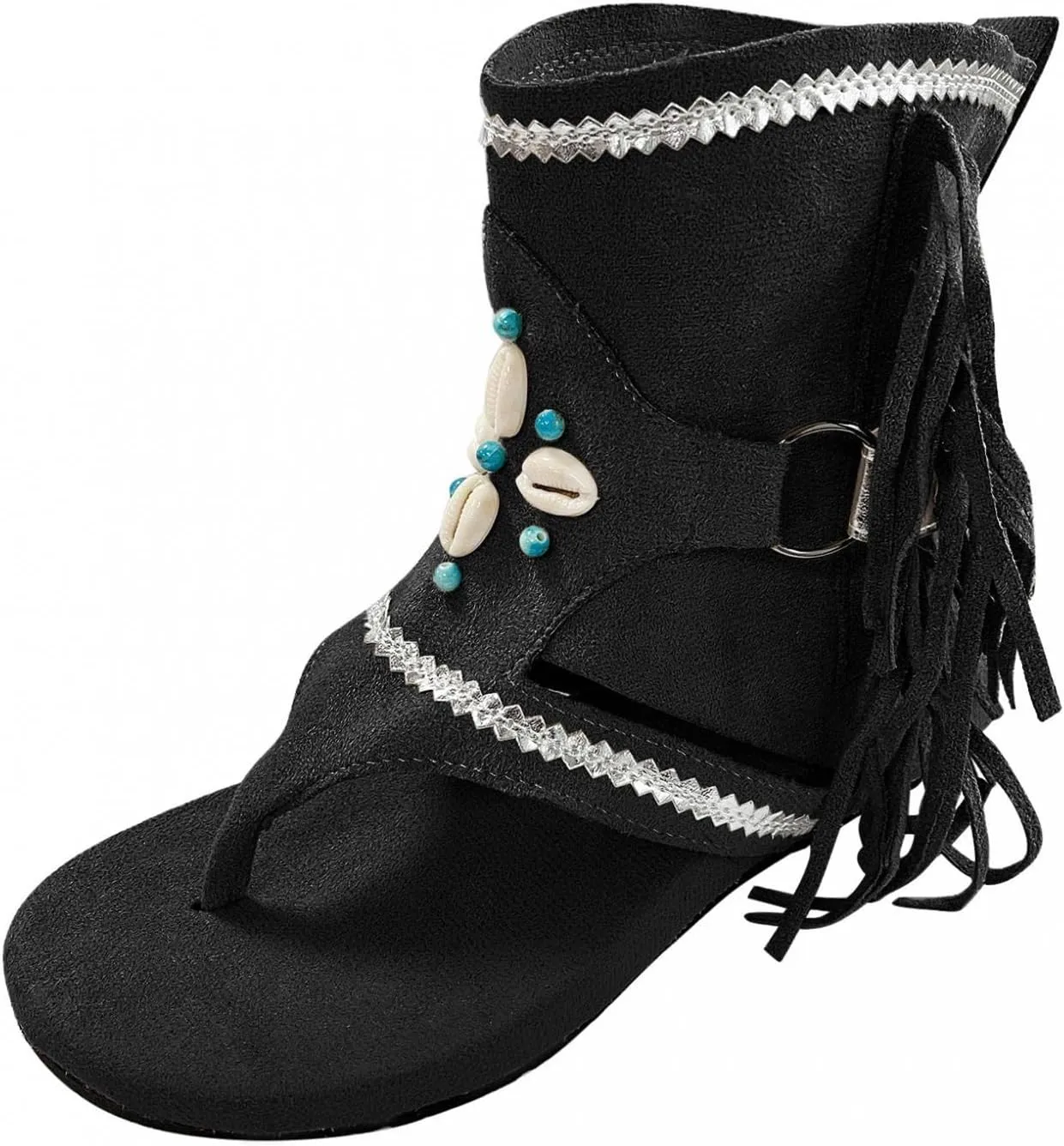 Hbeylia Sandals for Women Roman Retro Bohemian Bead Gladiator Fringe Tassel Casual Sandals Flat Clip Toe Ankle Boots T-Strap Summer Suede Tassel Flip Flop Flat Slippers